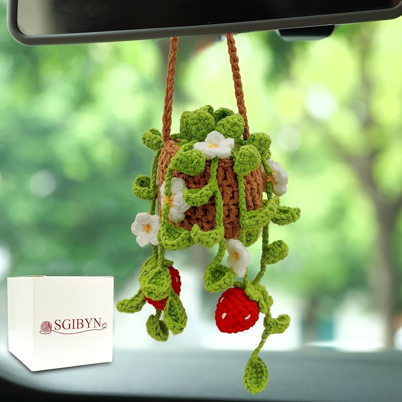 Crochet Hanging Plant for Car,Car Decorations Interior,Plant Strawberry Aesthetic Car Accessories for Women Interior Cute,Car Ornaments Charms for