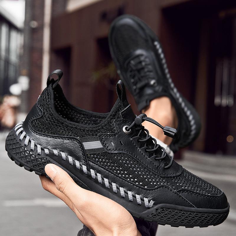 Pantofi de vară pentru bărbați, pantofi din piele naturală respirabili, plus mărime, plasă ușoară, pantofi de vară cu suprafață de plasă scobită, pantofi la modă pentru adolescenți