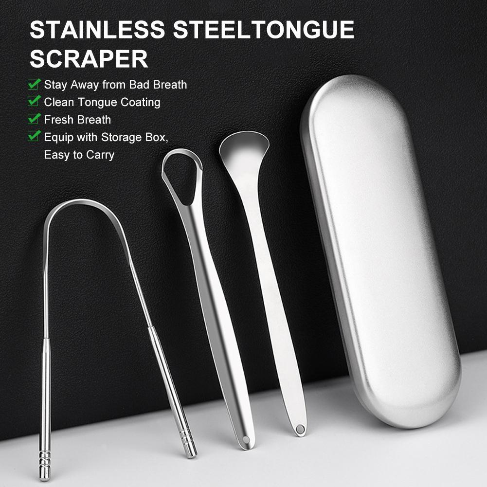 Oral Tongue Coating Cleaner Tongue Scraper 3Pcs Tongue Scrubber for Adults Kids Medical Grade Metal