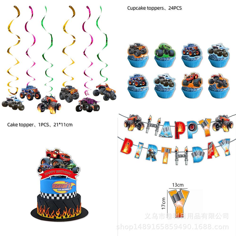 Bigfoot Theme Party Monster Truck Flag Tablecloth Paper Plate Hanging Spin Decoration Children'S Birthday Decoration Supplies