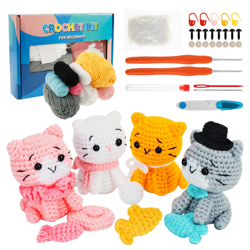 4Pcs Crochet Kit for Beginners DIY Knitting Craft Kit Fun Cat Crochet Set Cute Crocheting Cat with Accessories and Tutorial
