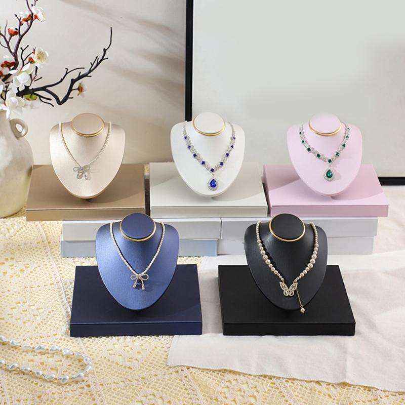 Necklace Display Bust Stand, Leather Covered Jewelry Display Stand with Angled Form and Square Base for Counter Showcase
