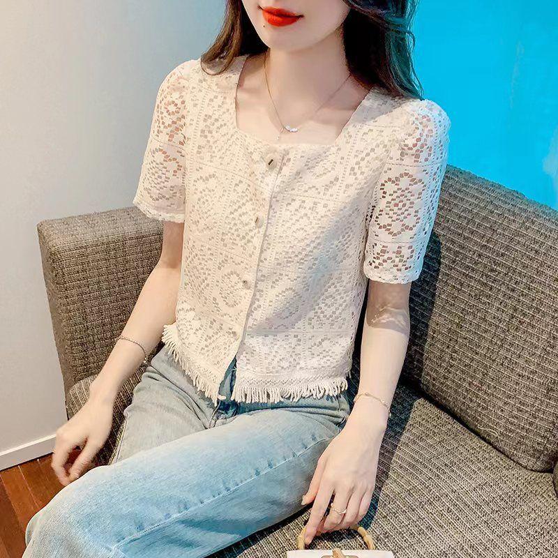 Summer New Lace Chiffon Shirt Hollow Short Shirt for Women Slim Short Sleeve Cardigan