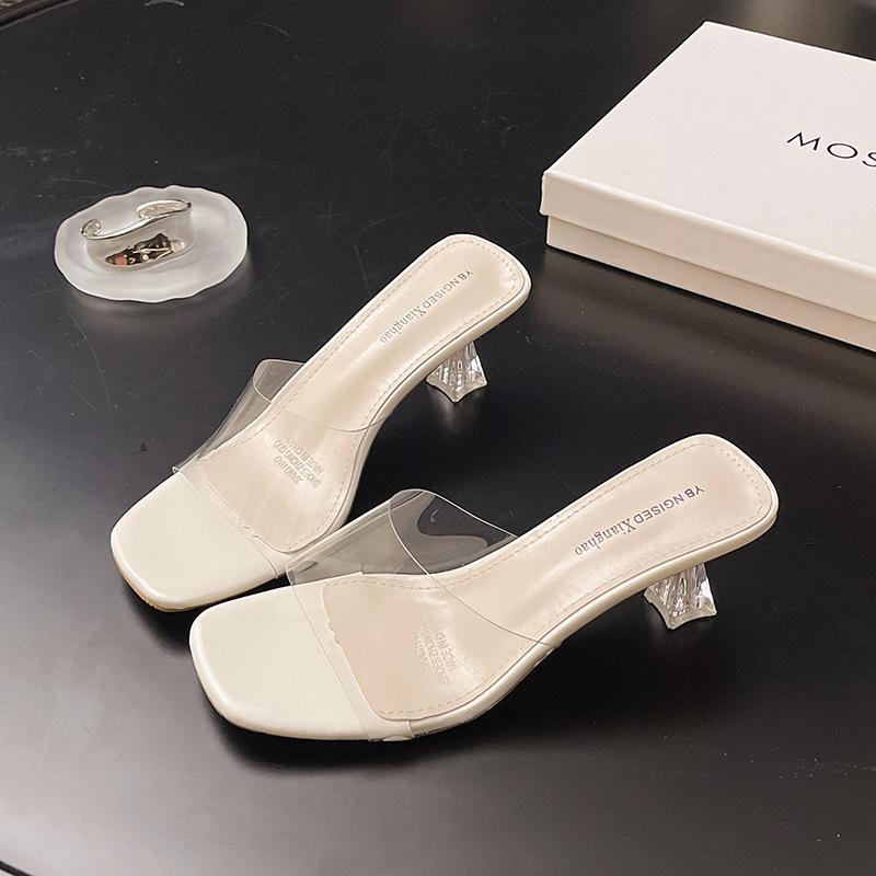 High-heeled Crystal and Slippers Women's Foreign Trade 2025 New High-heeled Sandals Wear One-word Transparent Belt Korean Slippers