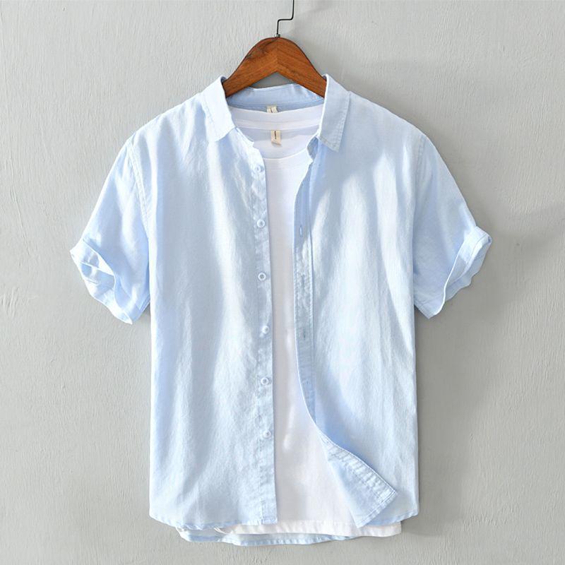 Men's Summer Loose Fit Basic Cotton-Linen Short Sleeve Shirt