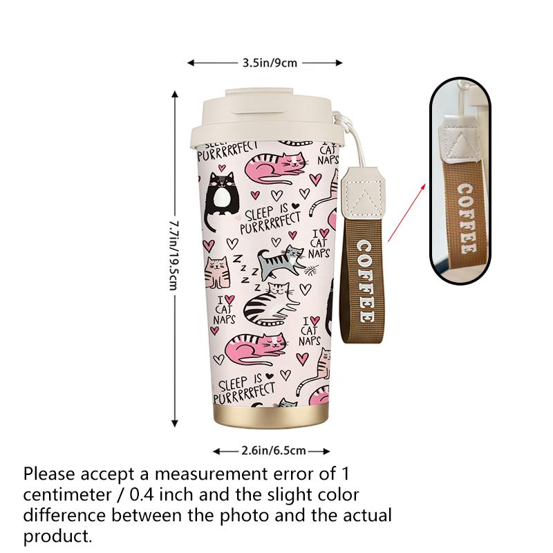 532ml Coffee Mug Sleeping Cat & Heart Elements Lanyard Insulated Cup Gift Cup Handheld Cup Lightweight Cup Leakproof Coffee Cup