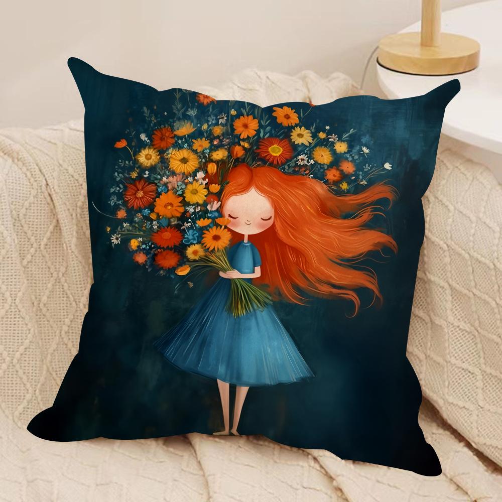 The girl is holding flowers Cushion Cover Soft Plush DoubleSided Printed Sofa Pillow Cushion Cover  Cozy AllSeason Decor Gift