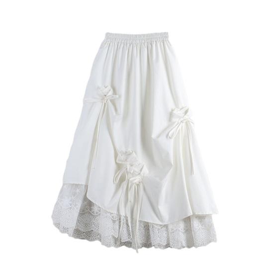 Юбка Эластичная Высокая Талия Декор Бантом Кружевная Подкладка Юбка Миди Однотонная M белый