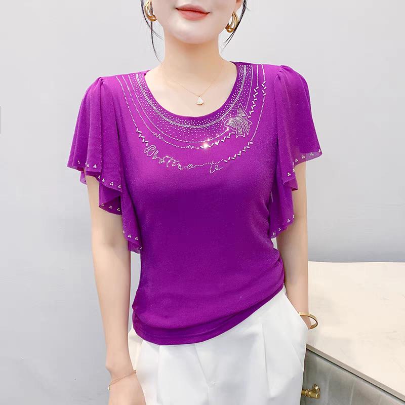 Summer New Elegant O-Neck Short Sleeved Mesh T-shirt Fashion Ruffles Hot Diamonds Women's Tees Chic Butterfly Sleeve Casual Tops