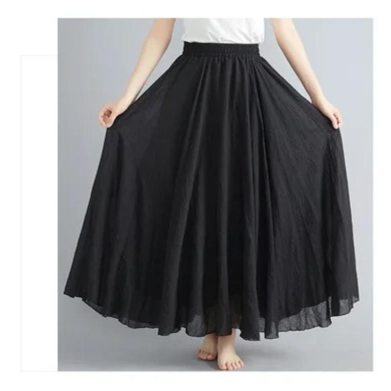 Color Mori Girl Literary Cotton Linen Dress Elastic Waist A-line Expansion Skirt Solid Color Ethnic Style Women Long Skirts