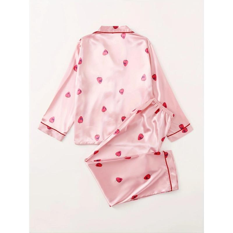 Strawberry Pattern Satin Long Sleeve Tops & Pants Pajama Set for Valentine's Gifts