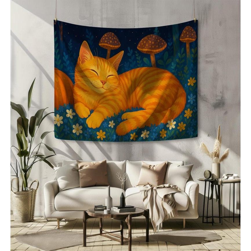 Orange Cat and Mushroom tapestry 75x100 чёрный