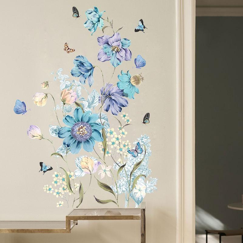 New Painted Blue Flower Butterfly Wall Sticker Living Room Bedroom Background Home Decoration Self-adhesive Wallpaper Plant Stickers