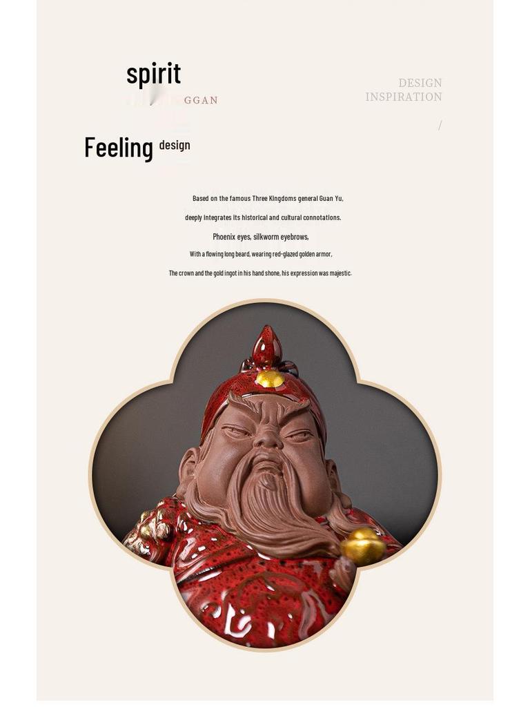 Guan Gong Martial Saint Statue: Ceramic Guan Yu Ornament for Tea Room, Living Room, or Study Decor.