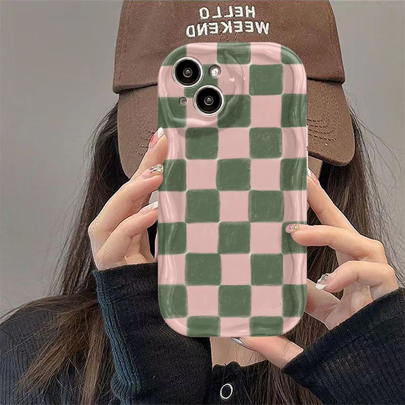 Fashion Pink Green Grid Printed Wavy Phone Case For iPhone 11 12 13 14 15 16 17 Pro Max XS Max XR X 16E 17Air Soft Back Cover