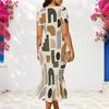 Women Plus Size V Neck Short Sleeve Blue Orange Printed Fitted Fishtail Dress