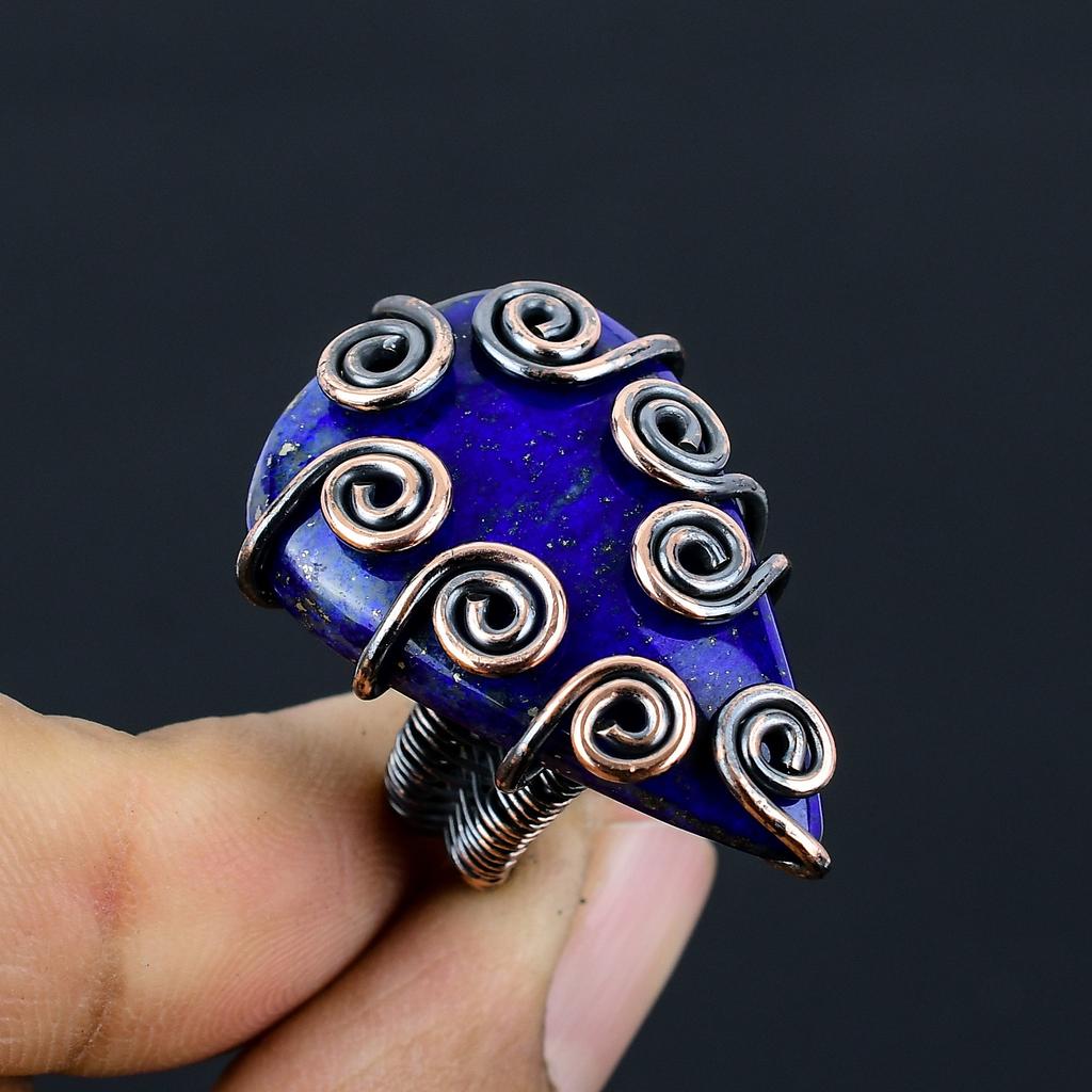 Natural Lapis Lazuli Gemstone Handmade Copper Wire Wrap Ring Size 5.5 e0A98