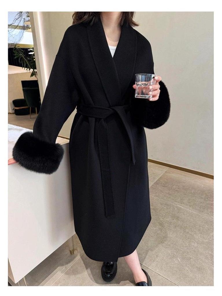 Manteau en Laine Mi-Long pour Femme avec Manches en Fourrure - Veste Décontractée Chic Automne/Hiver
