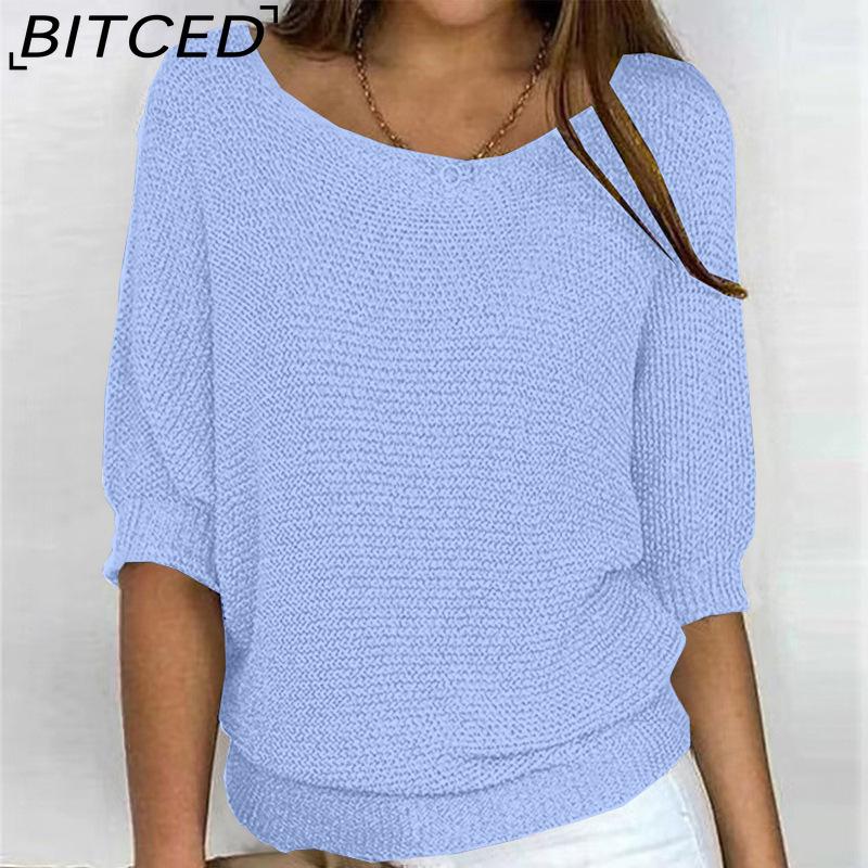 BITCED Βαμβακερό Πλεκτό Τοπ Μονόχρωμο με Στρογγυλή Λαιμόκοψη για Γυναίκες Κομψή Μπλούζα με 3/4 Μανίκια για το Γραφείο και Χώρους με Κλιματισμό