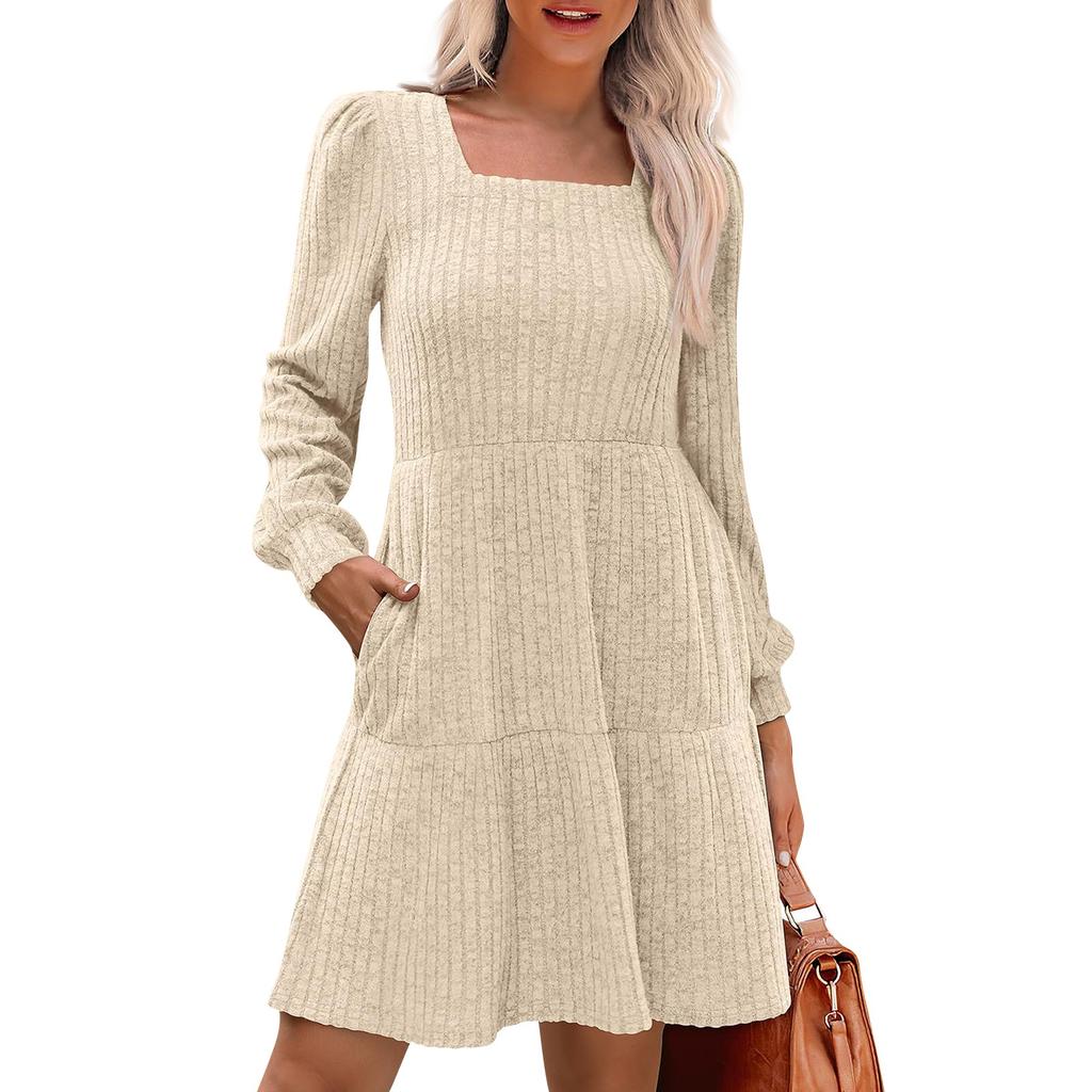 Womens  Square Neck Long Sleeve Dress Casual  Knit Dress With Pockets