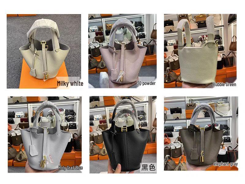 

2024 Lychee Pattern Cowhide Shoulder Handbag: Fashionable, Top-Quality Single Strap Bucket Bag Gold Buckle Basket