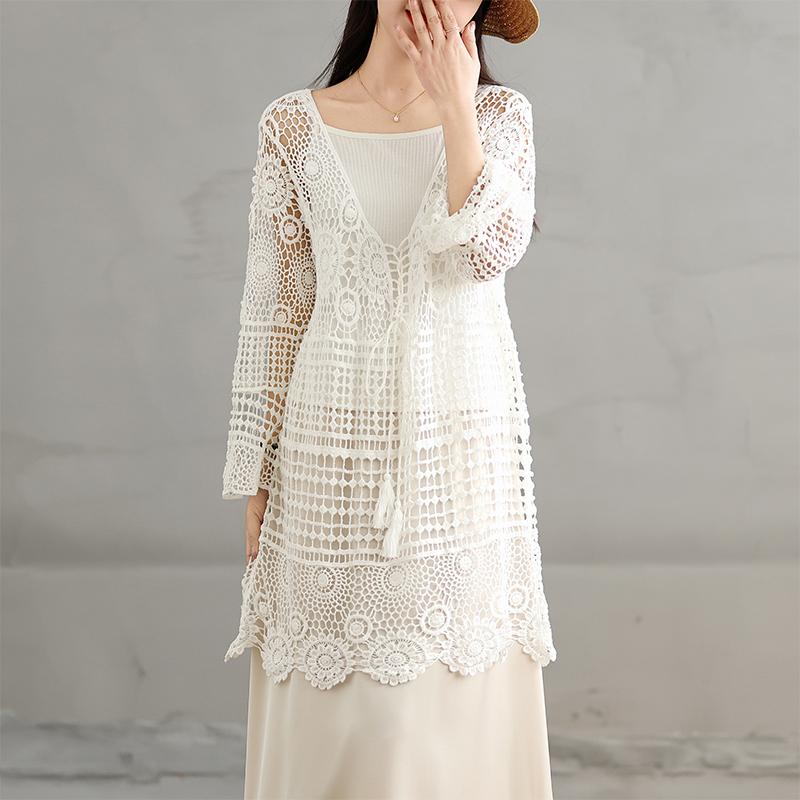 T-Shirt Women Knitting Lace Long Sleeve O-Neck Hollow Summer Style Basic Tops Tees Loose Clothing