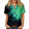 Women's Short Sleeve Linen Cotton Shirt Henley Button Neck Chest Pocket Casual Blouse with Artistic Print Pattern Lightweight Summer Top