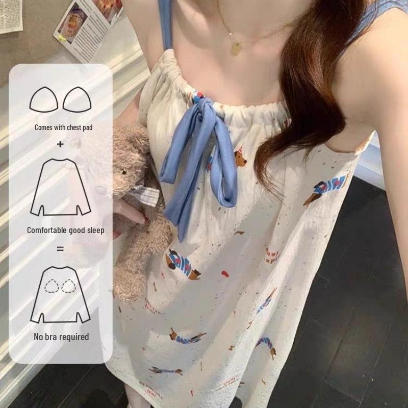 

Women s Summer Sweet Cloud Cotton Strappy Nightgown with Padded Bust - Cute Print, Long Home Wear One size (M-2XL)