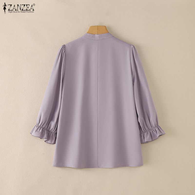 ZANZEA Women Casual Stand Collar Solid Color Loose 3/4 Sleeve Blouse