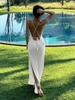 Elegant White Knit Long Dress for Women, Sleeveless, Backless, Perfect for Cruise, Party & Casual Summer K10