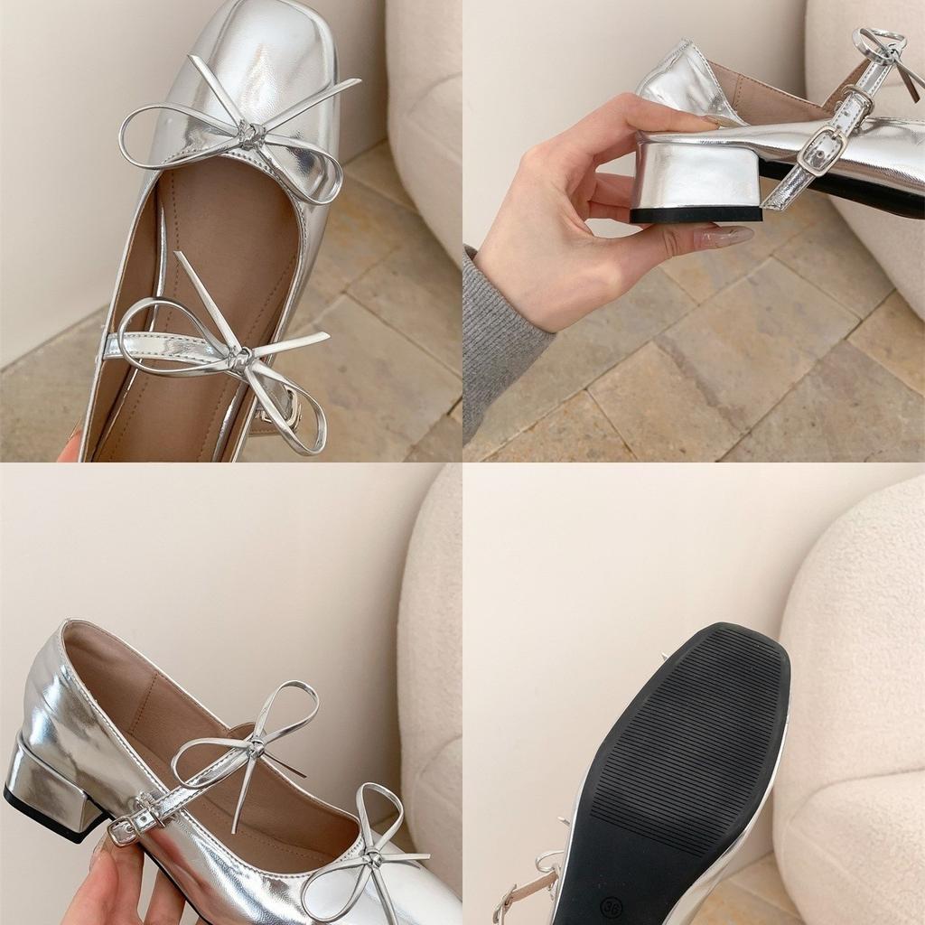 Coarse Heel Version~ Temperament Bow Light Mouth Single Shoes Spring and Autumn Word with Square Head Mary Jane Shoes