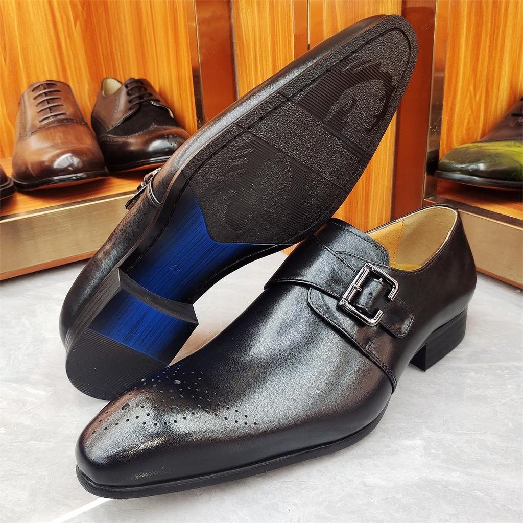 Elegant Black Men's Loafers Dress Formal Suit Shoes Breathable Leather Handmade Monk Style No Slip Adult Footwear