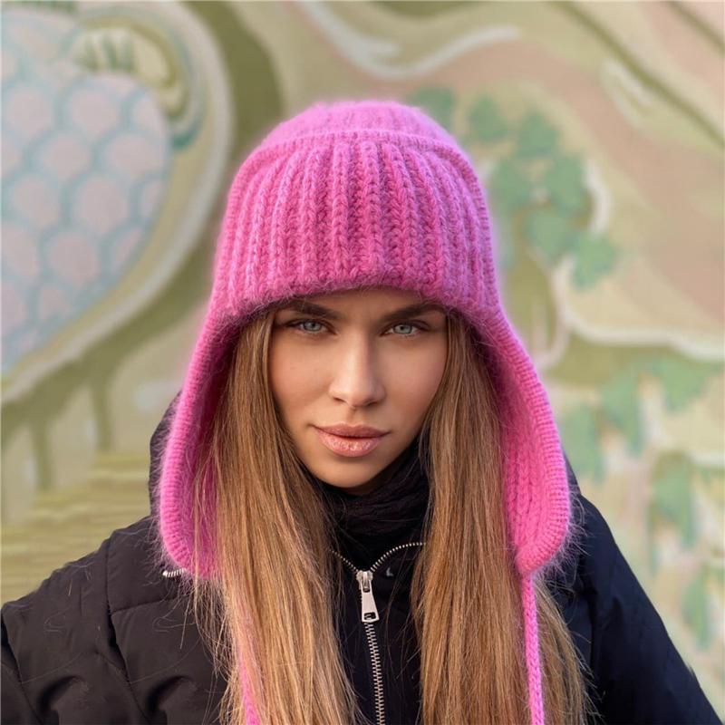 

Шапки-бомберы осень-зима вязаные шапки женские досуг стиль отбортовка завязка защита ушей ветрозащитная теплая шапка модная зимняя шапка