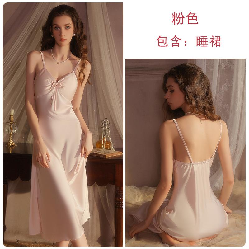 Long Ice Silk Underwear Passion Temptation Plus Chest Pad Sexy Slim Nightdress Loungewear Suit