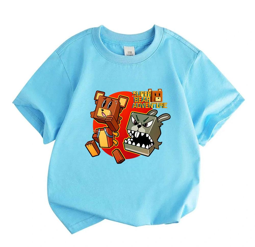 100% Cotton Kids Crew Neck Short Sleeve T-Shirt, Super Bear Adventure Game Print Casual Comfortable Tees for Boys Girls, Soft Breathable Top for Daily