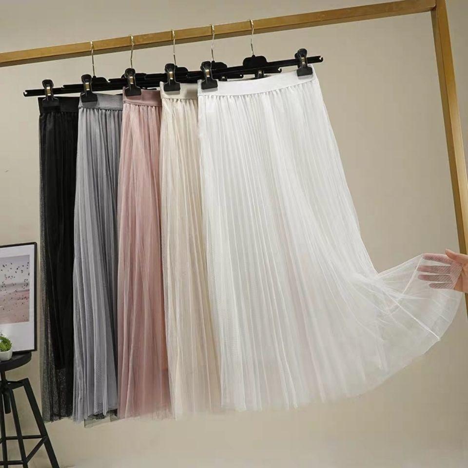 Elegant Women Tulle Skirt Korean Fashion Mesh White A Line Ladies Pleated Skirt Summer Chic High Waist Black Party