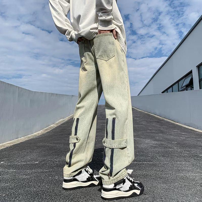 New High Street Zipper Jeans For Men In Summer Retro Handsome Pants Loose Trendy Brand Wide Leg Straight Casual Trousers For Men