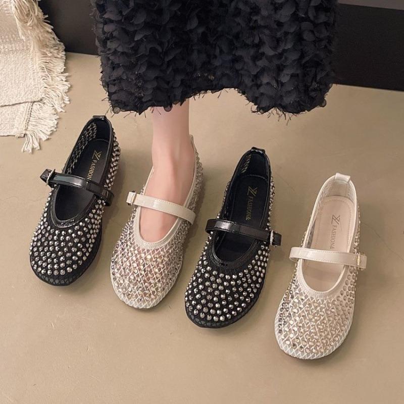 Mesh rhinestone breathable one-word buckle flat-bottomed Mary Jane shoes women's shallow mouth single shoes summer new niche ballet shoes