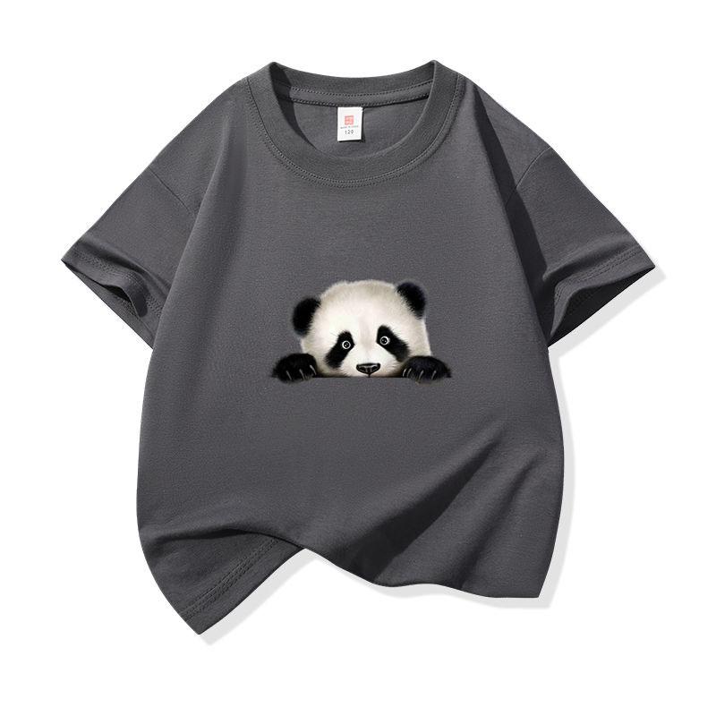 Kids Cotton T Shirt Cute Peeking Panda Print Crew Neck Short Sleeve Tee Casual Breathable Boys Girls Summer Tops