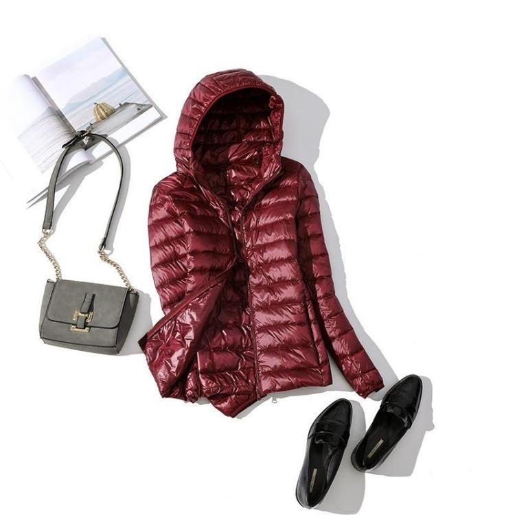 Giacca da donna invernale in piumino, slim, calda, ultraleggera, taglie forti, con cappuccio, cappotto corto, piuma d'anatra bianca, capospalla, autunno