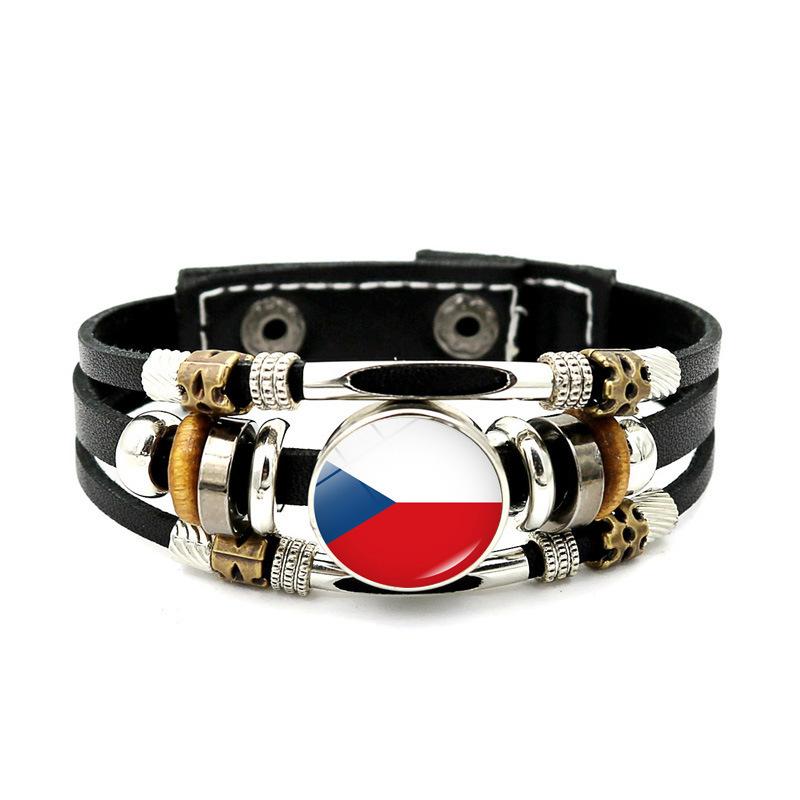 Factory National Country Flag Design Bracelet Crystal Bead Snap Button Sports National Team Jewelry Gift Leather Wrap Bracelet