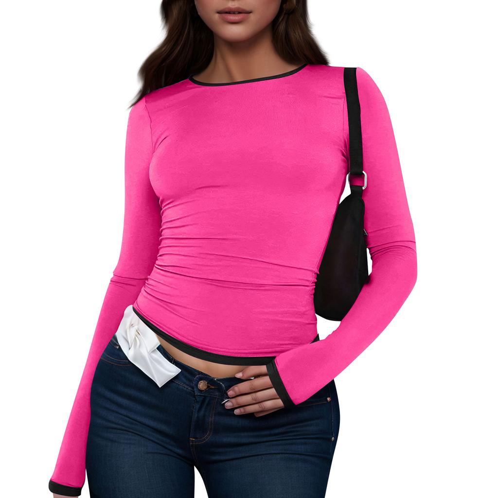 Women's Fashion Colour Blocking Round Neck Long Sleeve T-Shirt Top