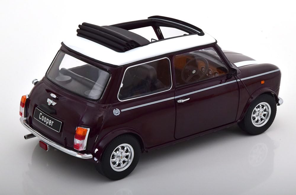 KK scale Mini Cooper with purple finished 1/12 sunroof, metallic/white, right-hand drive, model.