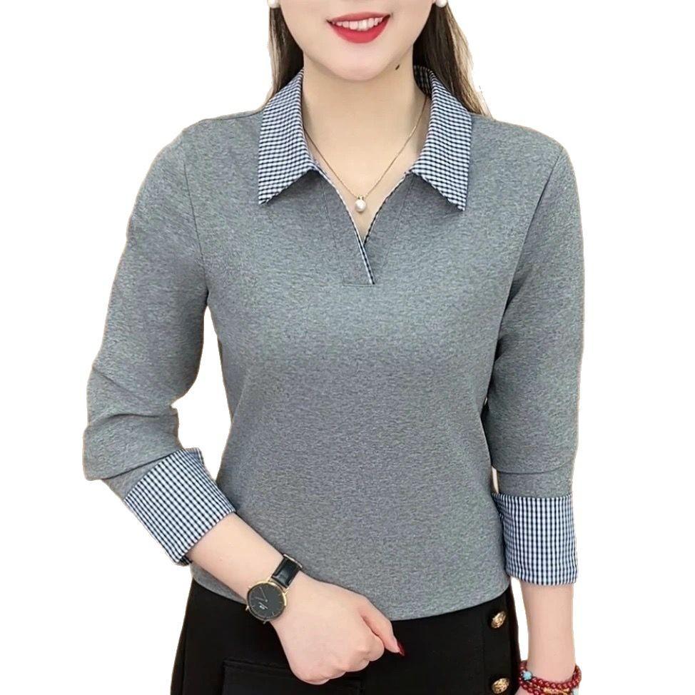 2025 spring new product shirt collar T-shirt top women's middle-aged women's clothing age-reducing fashion contrasting color simple versatile shirt