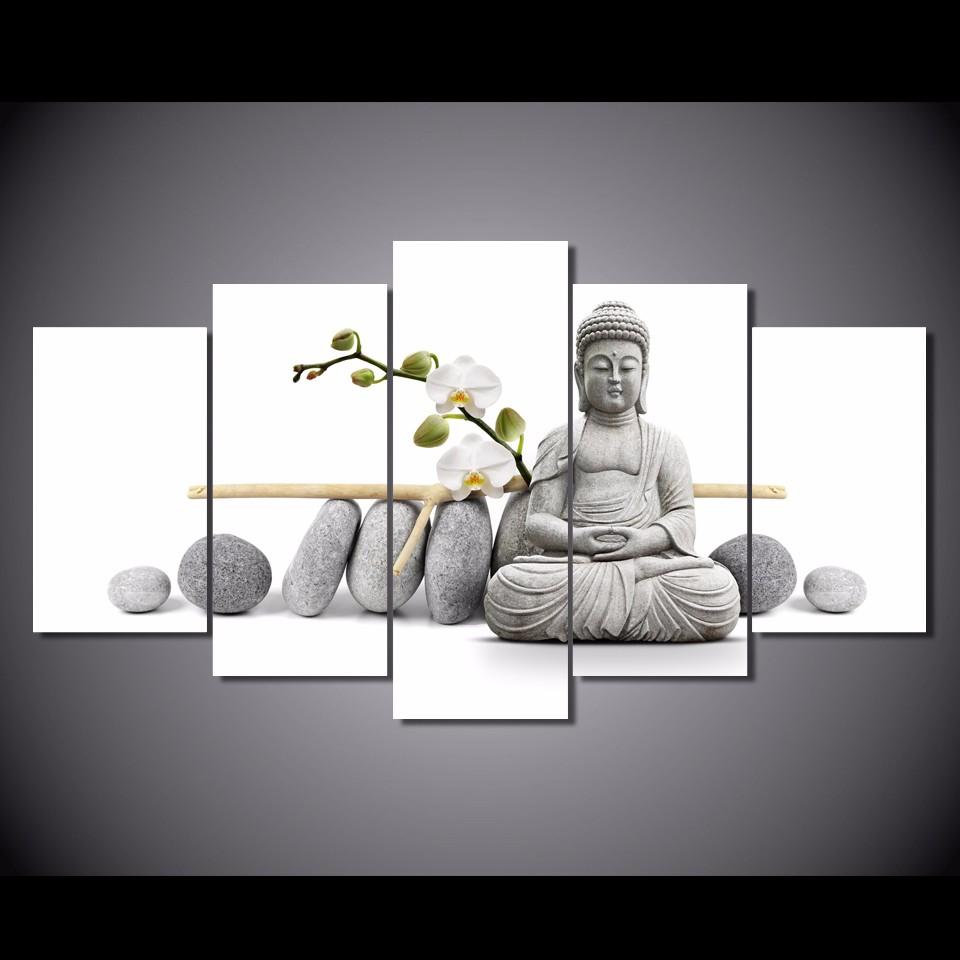 Wall Art Framework HD Printed Modern Canvas Painting 5 Panel Buddha Flower Living Room Home Decoration Modular Poster Pictures No Frame