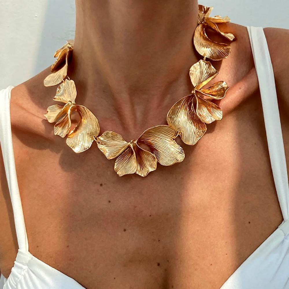 Gold Color Irregular Petals Necklace Punk Metal Choker Steampunk Flower Choker Necklace  Beach