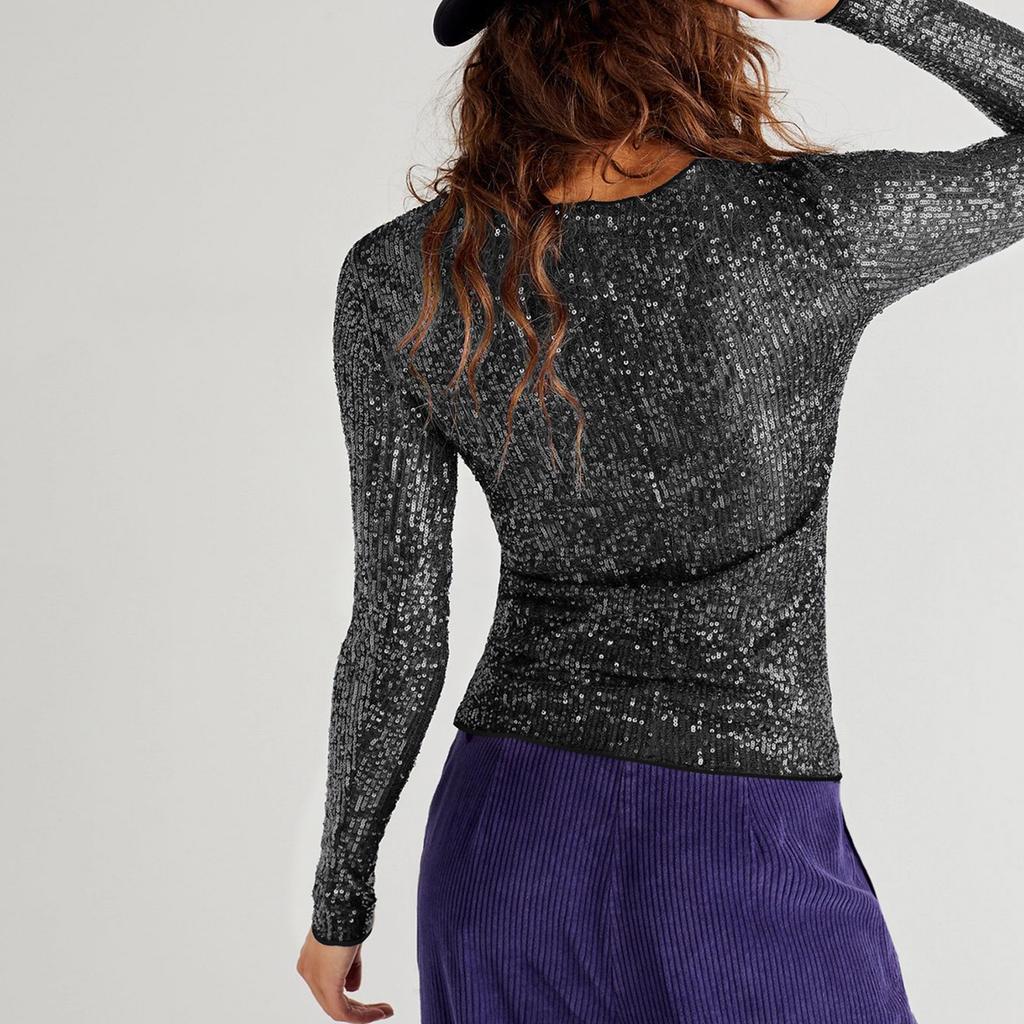 Women Long Sleeve Tops Sequins Basic Shirt Casual Pullover for Fall Club Streetwear Aesthetic Clothes