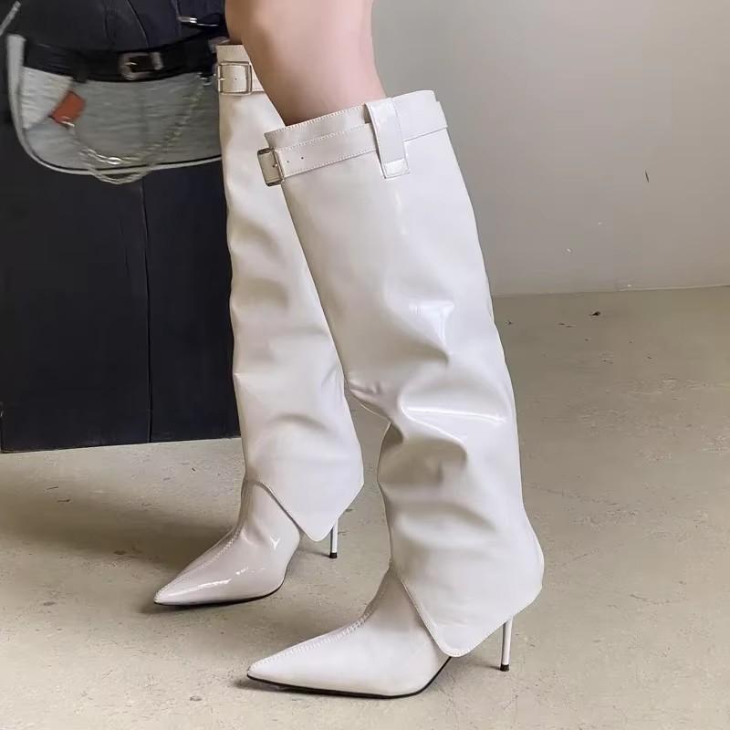 Designer Sexy Patent Leather Woman Knee-High Boots Thin Heels Long Booties Belt Buckle Strap Stripper Shoes