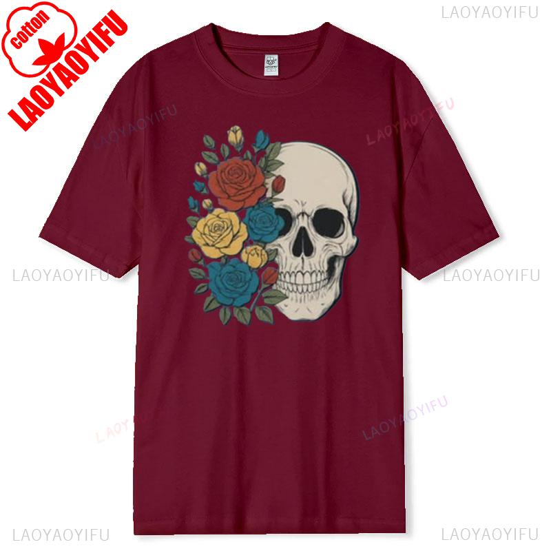 Skull Rose Vintage TShirt Floral Skeleton Cotton Short Sleeve Summer Casual Tee Gothic Boho Style Women Graphic Top Gift