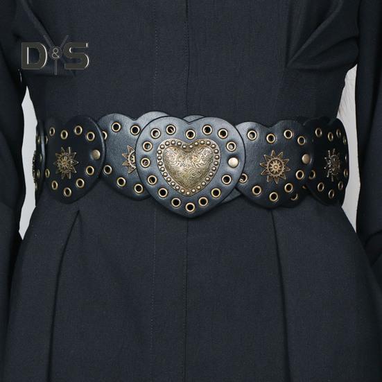 Retro Western Cowboy Belt Hollow Hole Metal Heart Stitching Waistband Solid Color Faux Leather Adjustable Belt Costume Accessories
